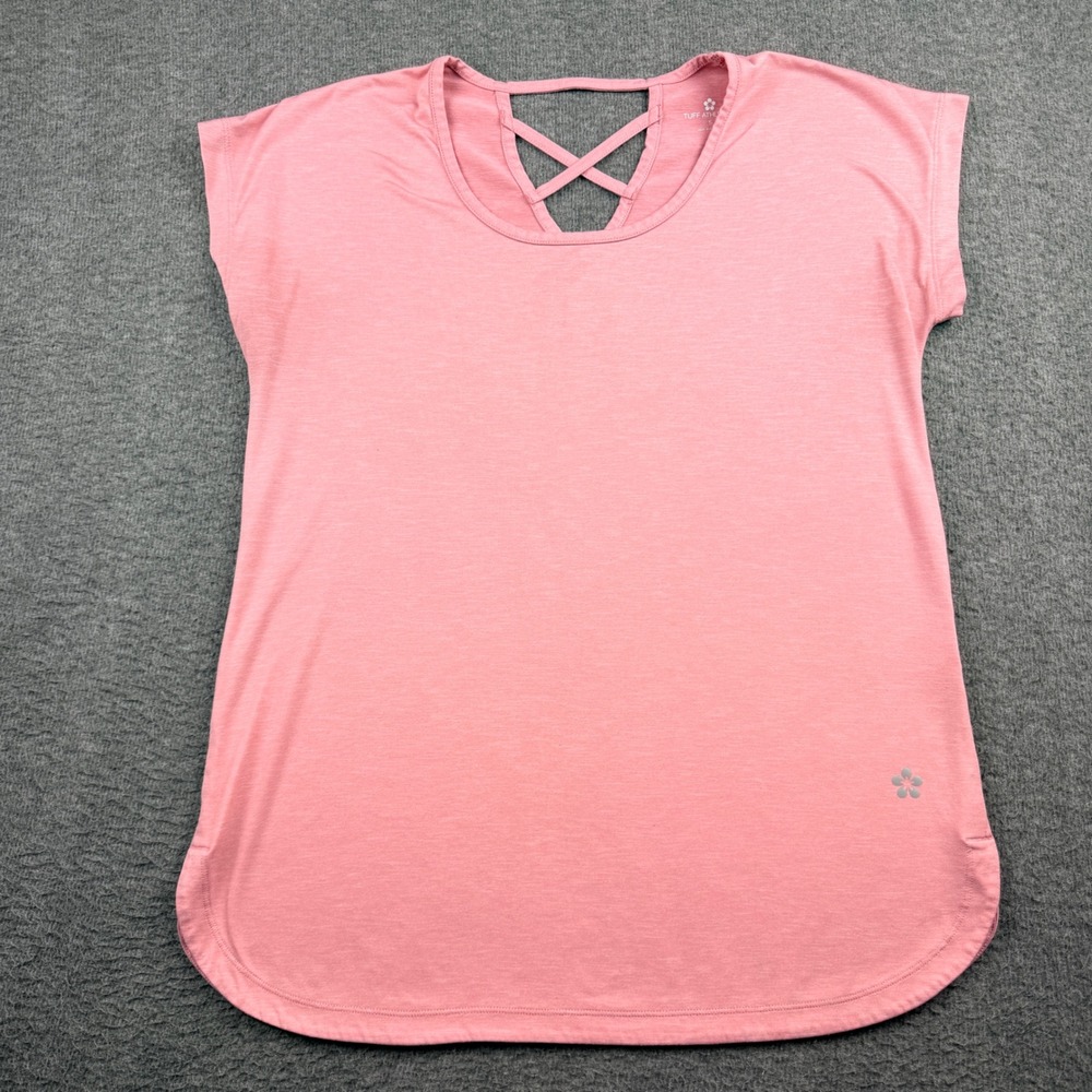 Tuff Athletics Women's S Small Pink Criss Cross Neck Activewear Short Sleeve Top